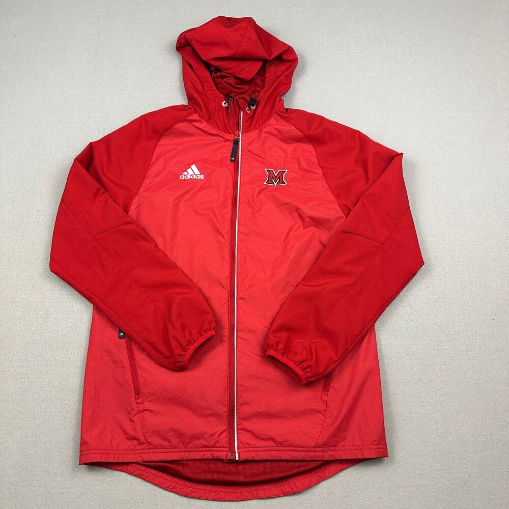 Miami Redhawks Jacket Men Small Red Adidas Hood Full Zip Windbreaker NCAA S